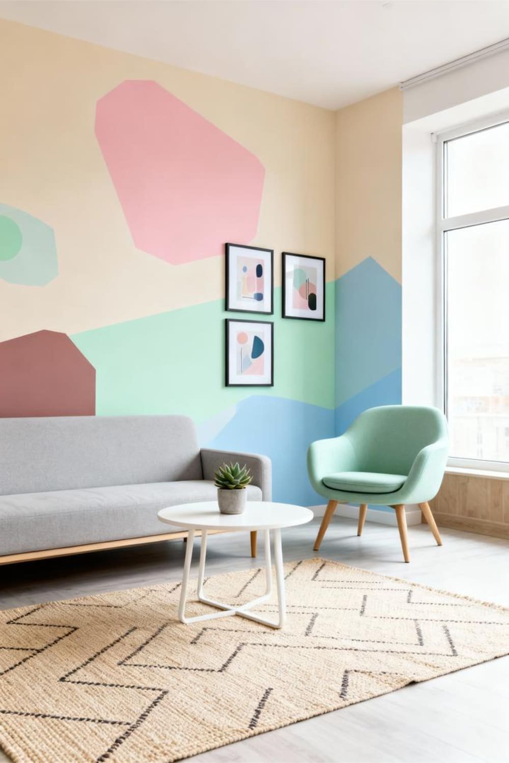 Small room featuring a geometric color-blocked accent wall.