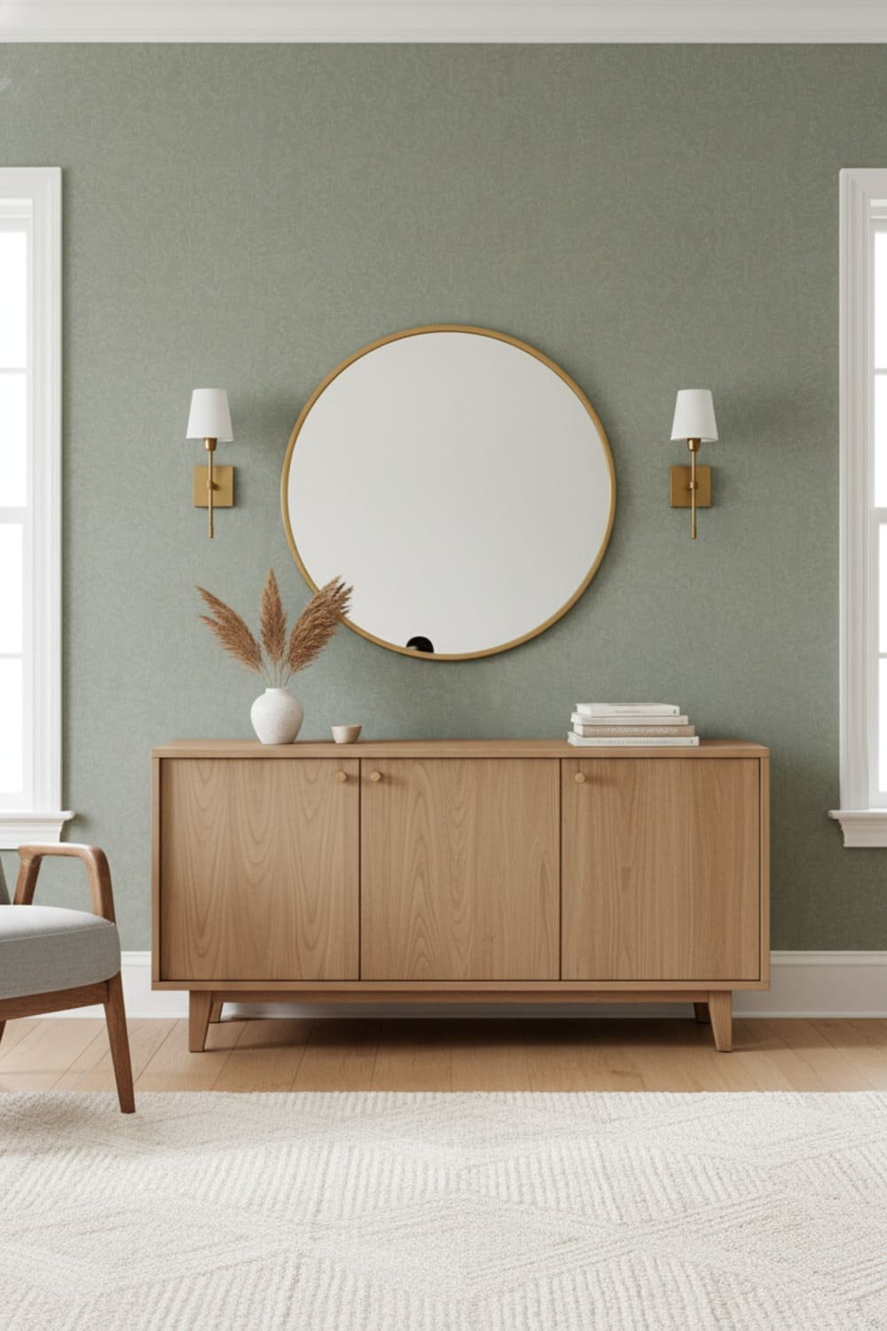 Room with muted sage wallpaper showing a timeless, soft color palette.