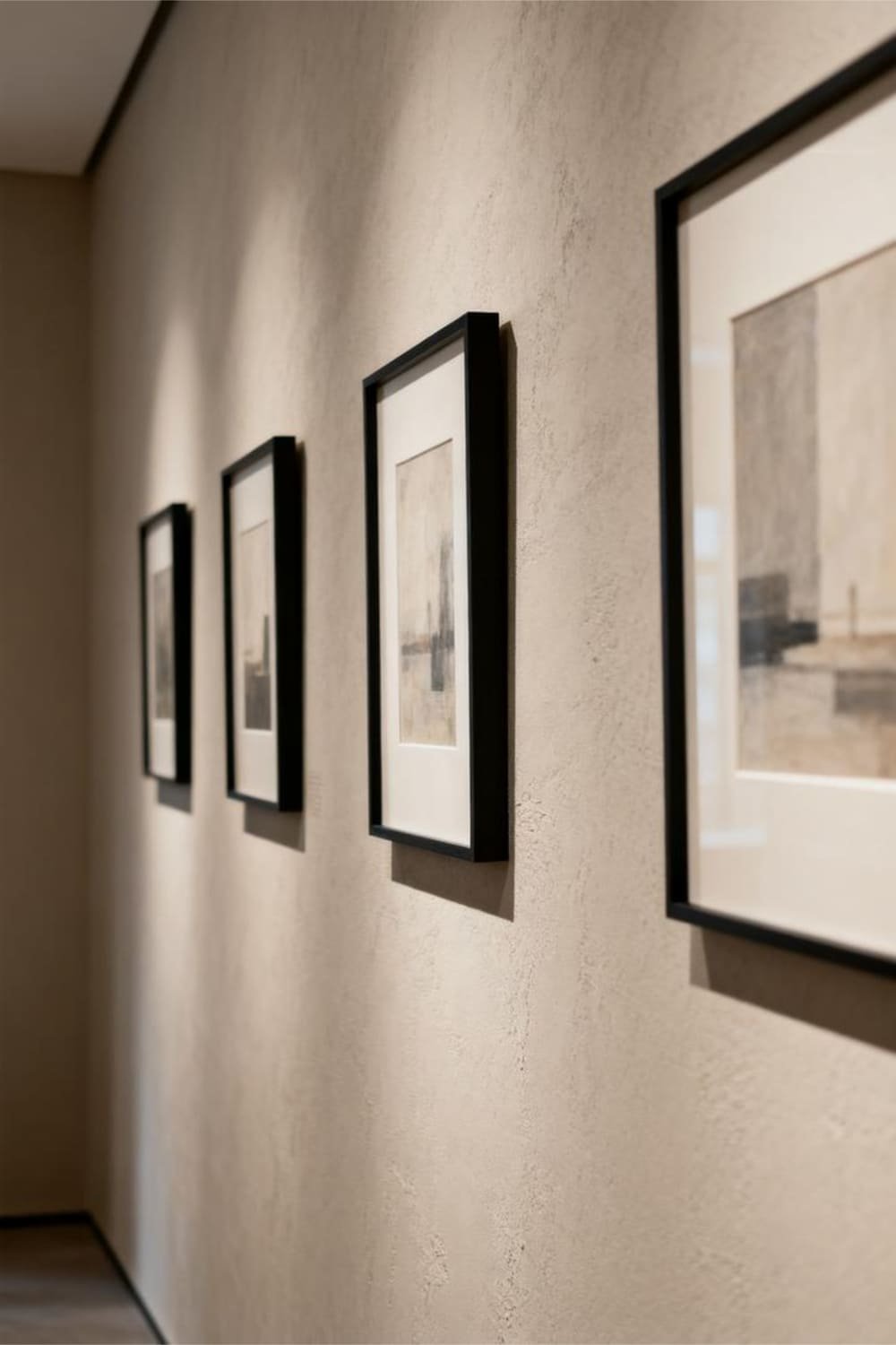 Minimalist gallery wall with matching thin black frames and clean spacing