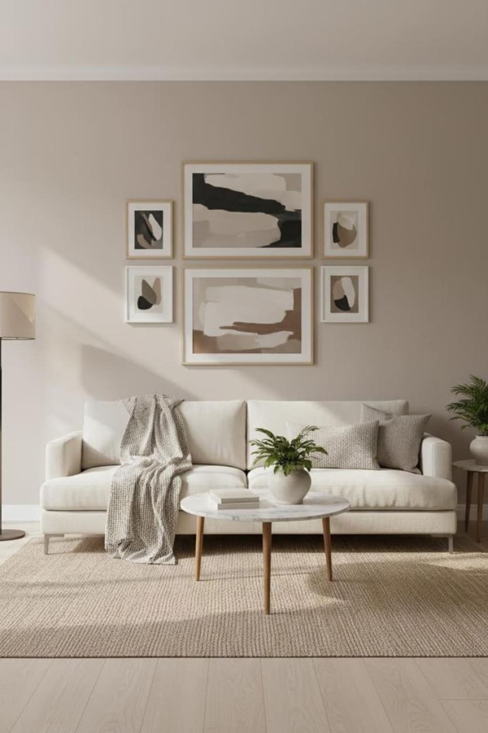 Minimalist gallery wall above a sofa in a modern living room