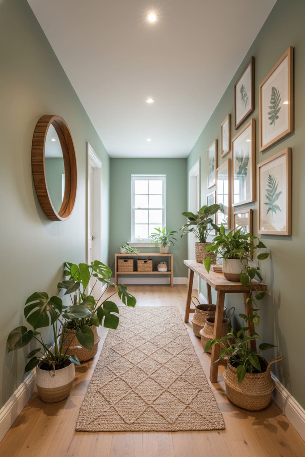 Sage green hallway with natural textures and soft organic decor.