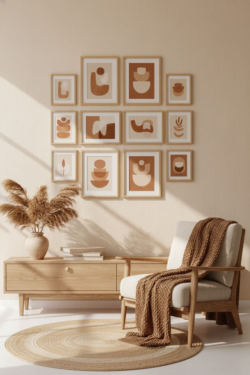 A Scandinavian gallery wall with warm cream, sand, and caramel tones in oak frames.