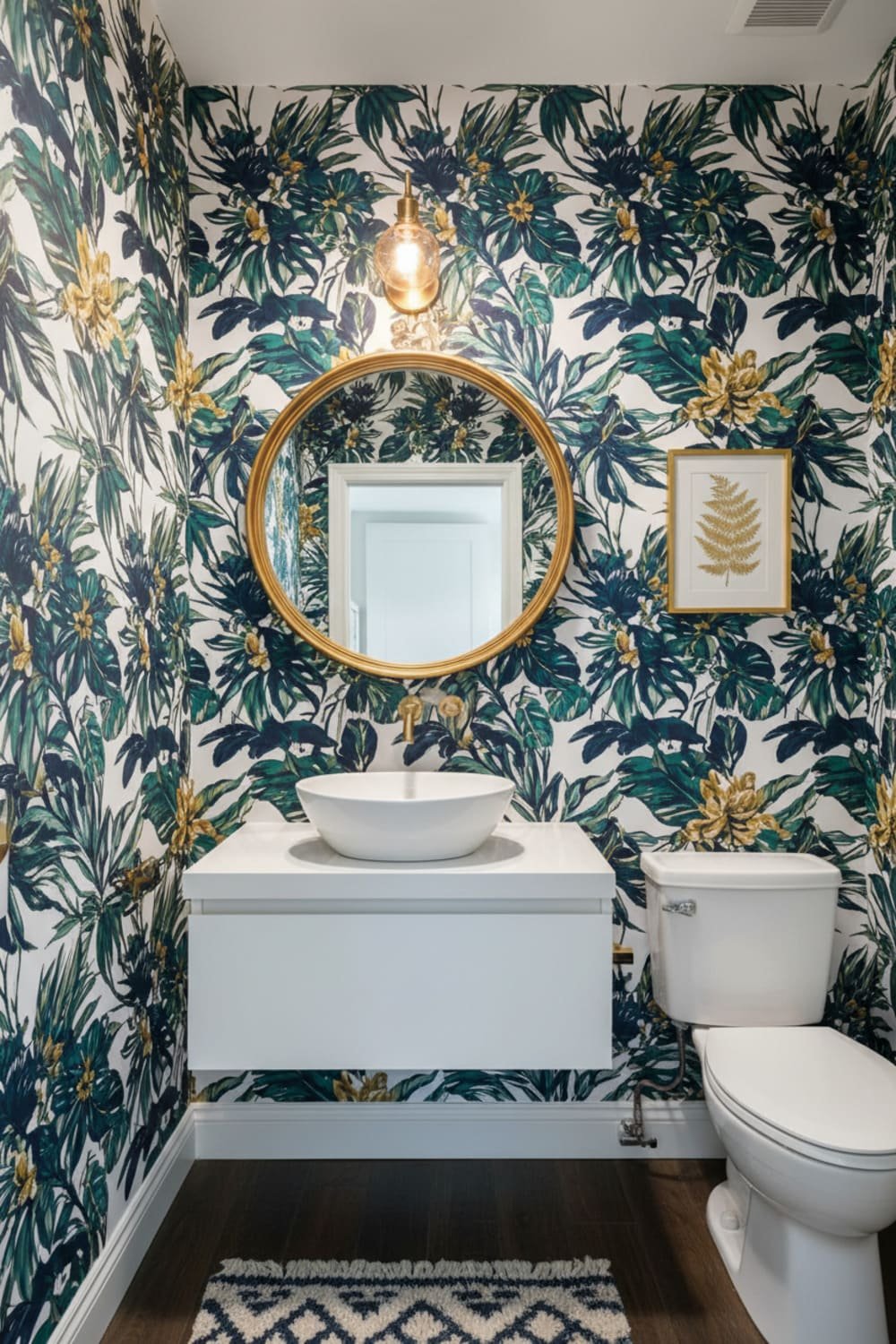Small powder room with bold wallpaper used as a statement design.