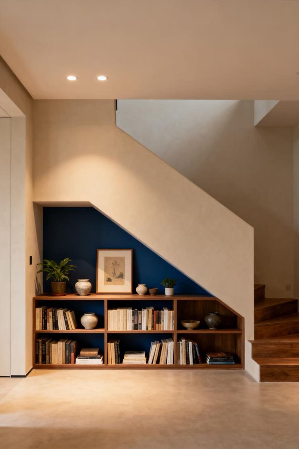Built-in shelves under the stairs displaying books, art, and decor with a contrasting painted backdrop.
