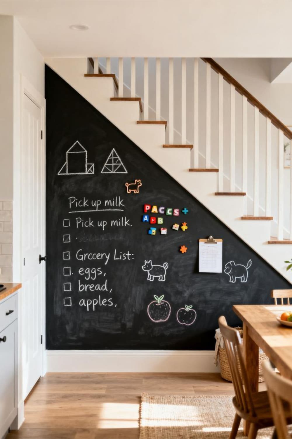 Under-the-stairs chalkboard wall with notes and doodles for organization.