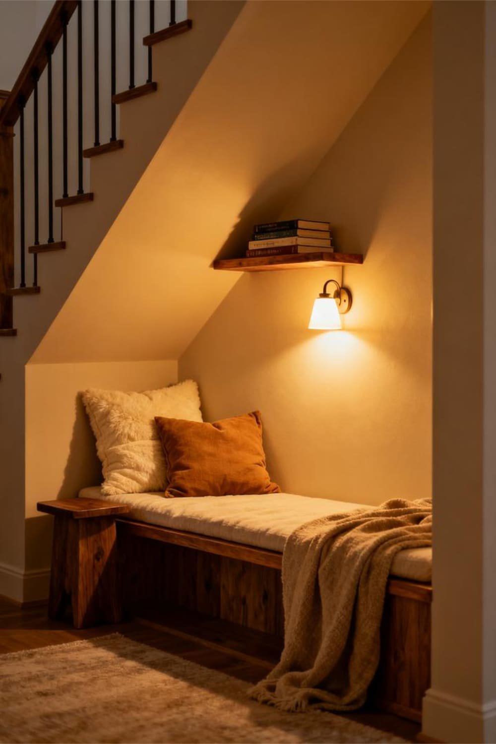 Cozy reading nook under the stairs with a built-in bench, cushions, and warm lighting.