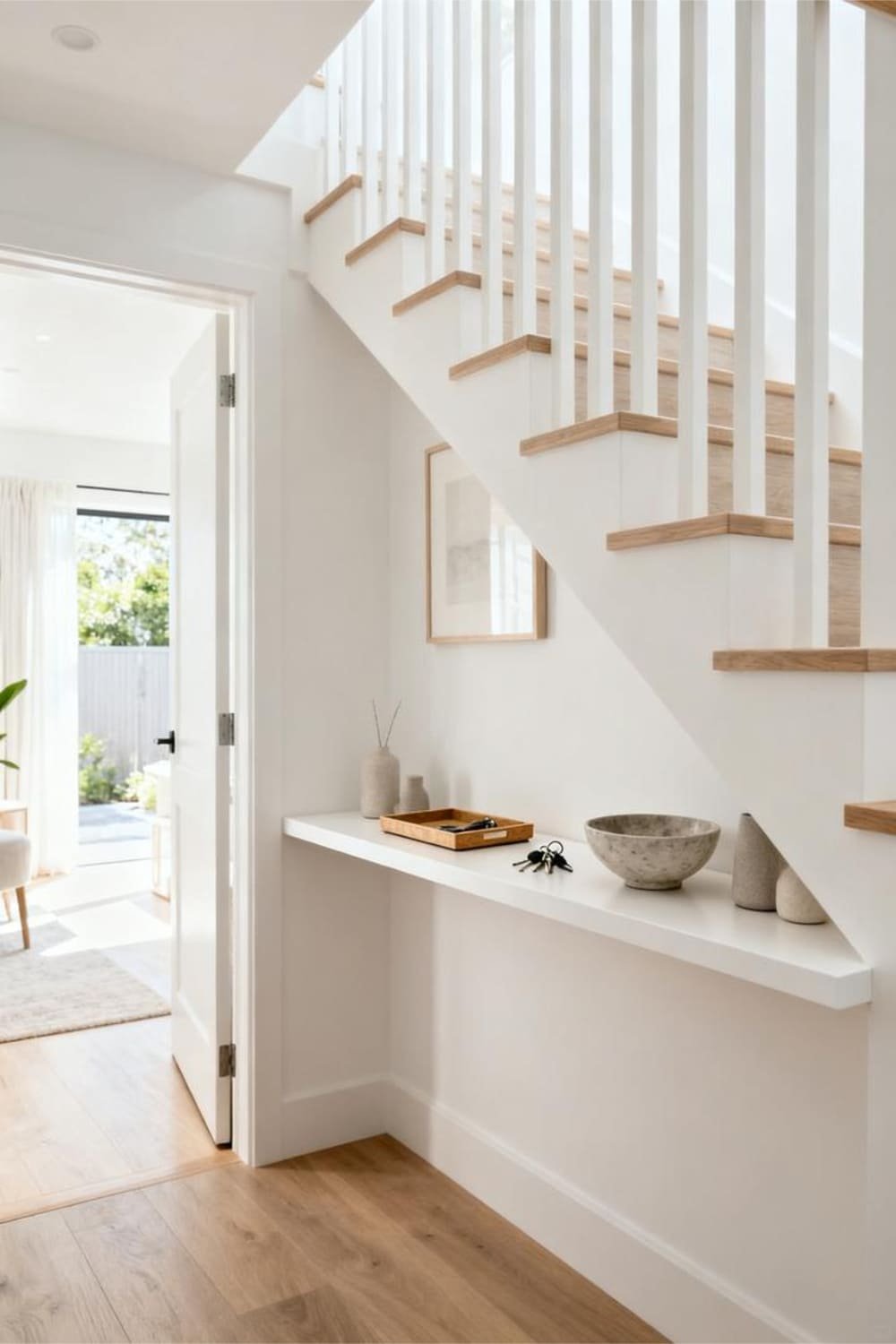 Floating console under the stairs functioning as a drop zone with simple decor.