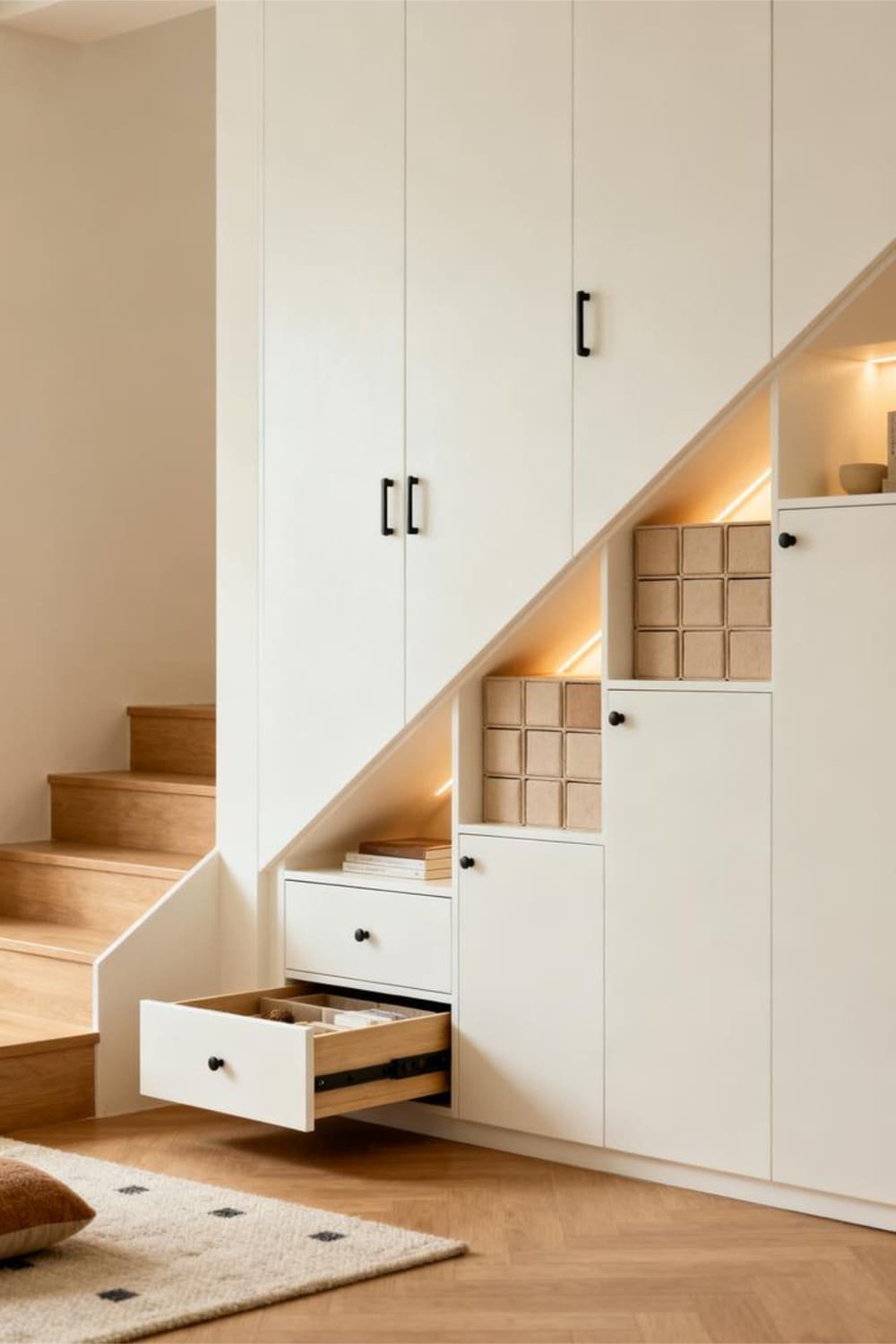 Slide-out drawers and hidden storage cubes built under the stairs in a minimalist home.