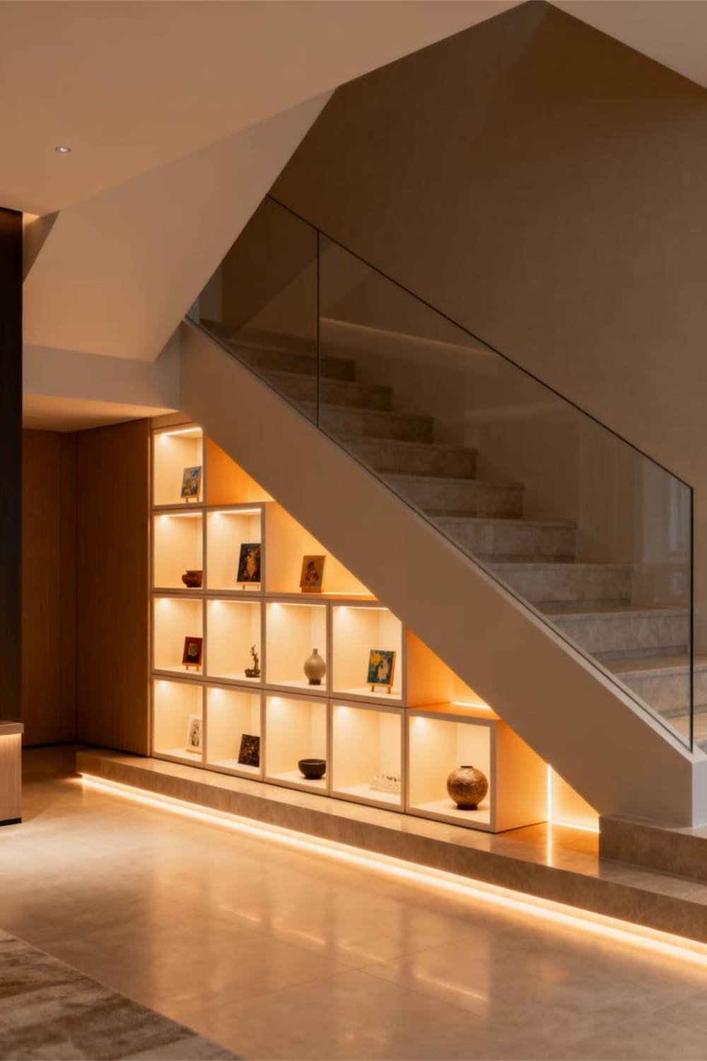 Under-the-stairs display wall with illuminated cubed niches for decorative items.