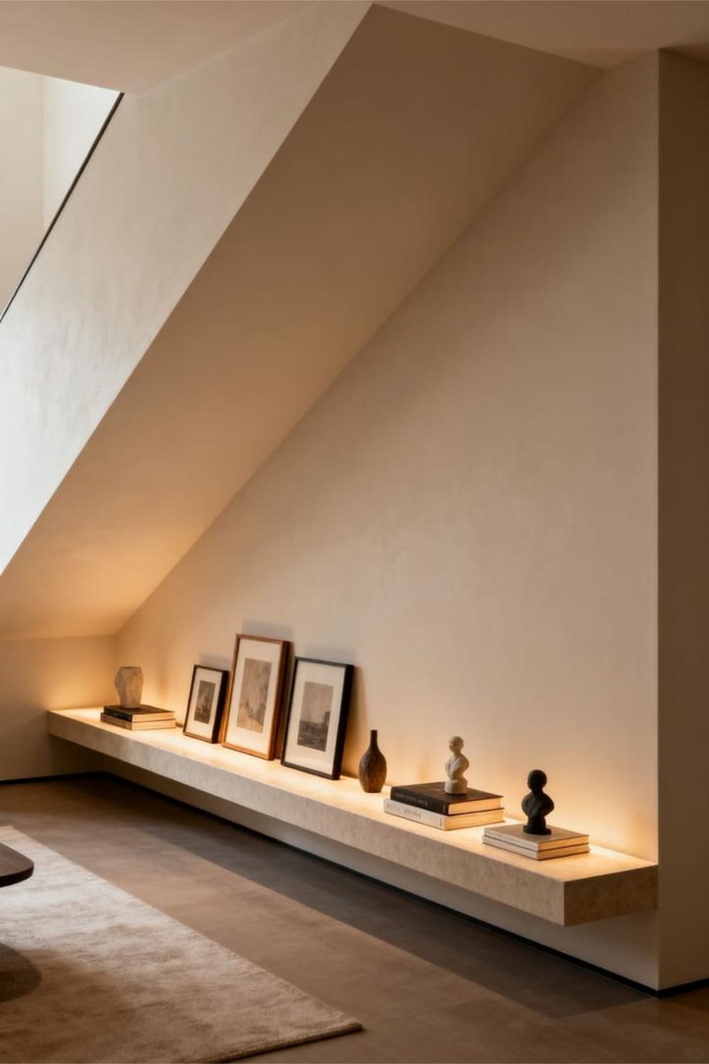 Long art ledge under the stairs holding layered art, books, and small decor pieces.