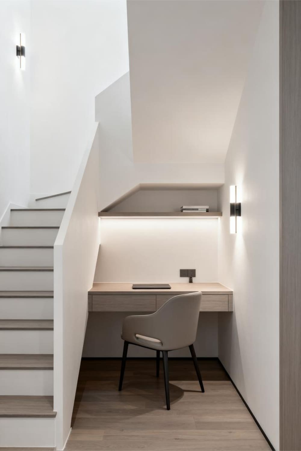 Small home office setup under the stairs with a floating desk and wall shelves.