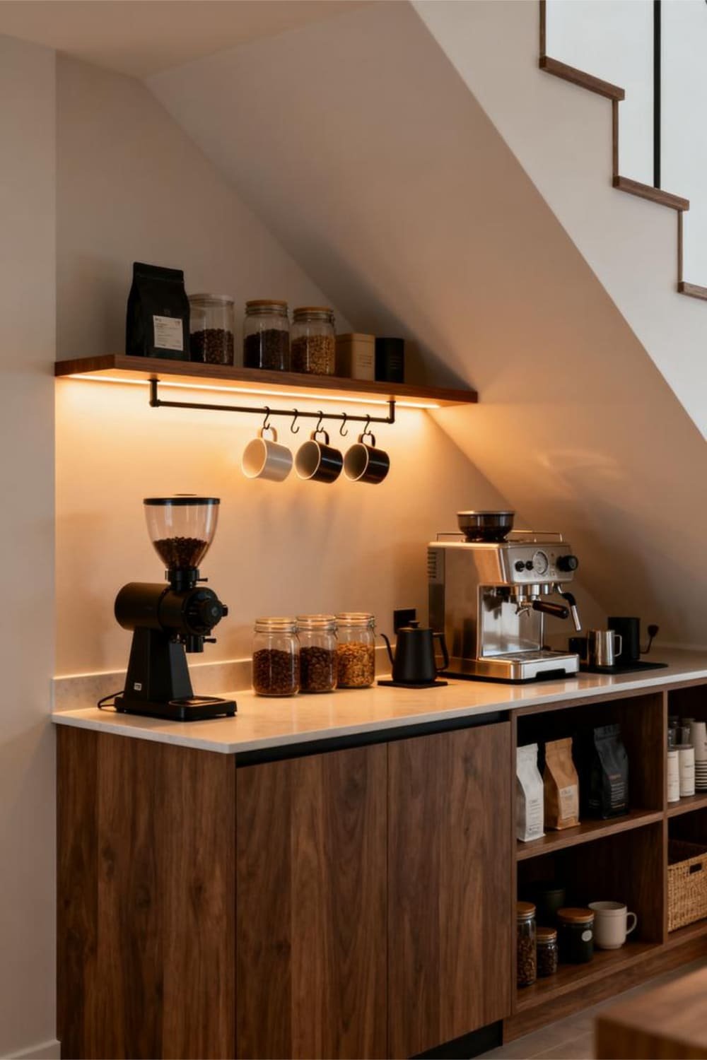 Under-the-stairs coffee bar with shelves, mug racks, backlighting, and organized coffee accessories.