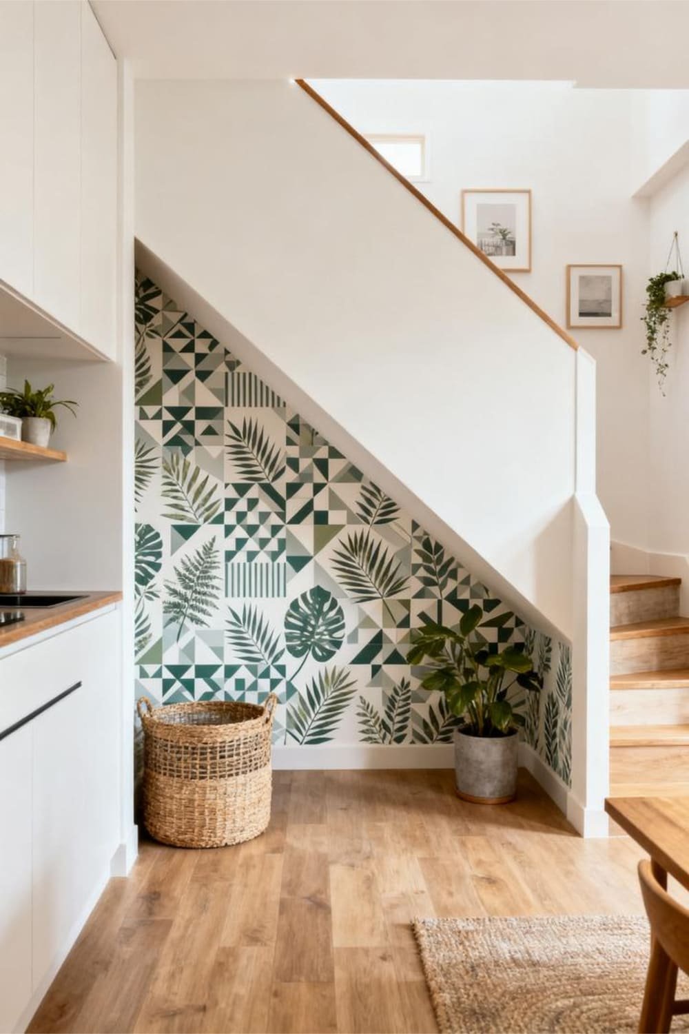 Under-the-stairs wall finished with patterned peel-and-stick wallpaper.