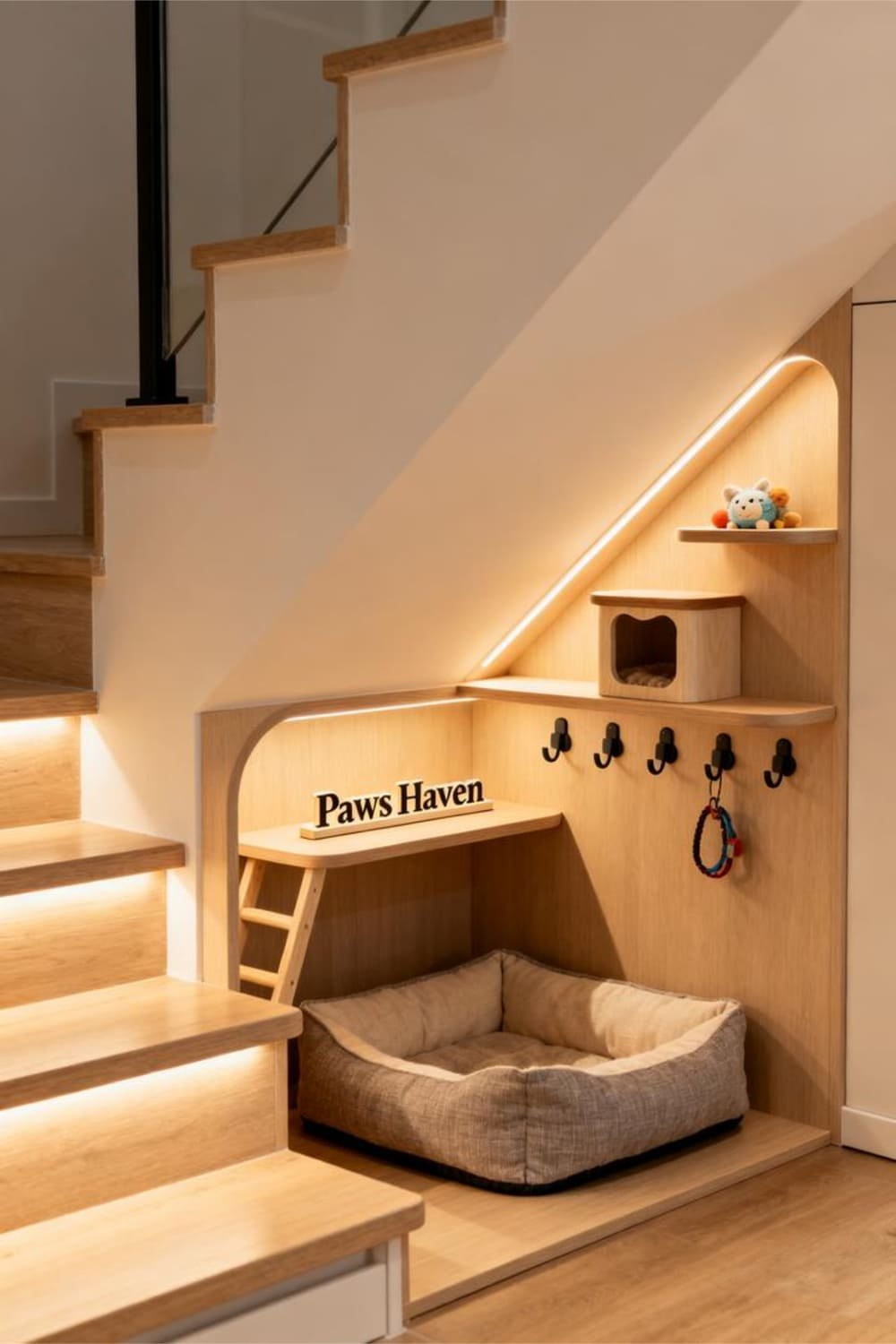 Under-the-stairs pet area with a built-in bed, toy storage, and leash hooks.