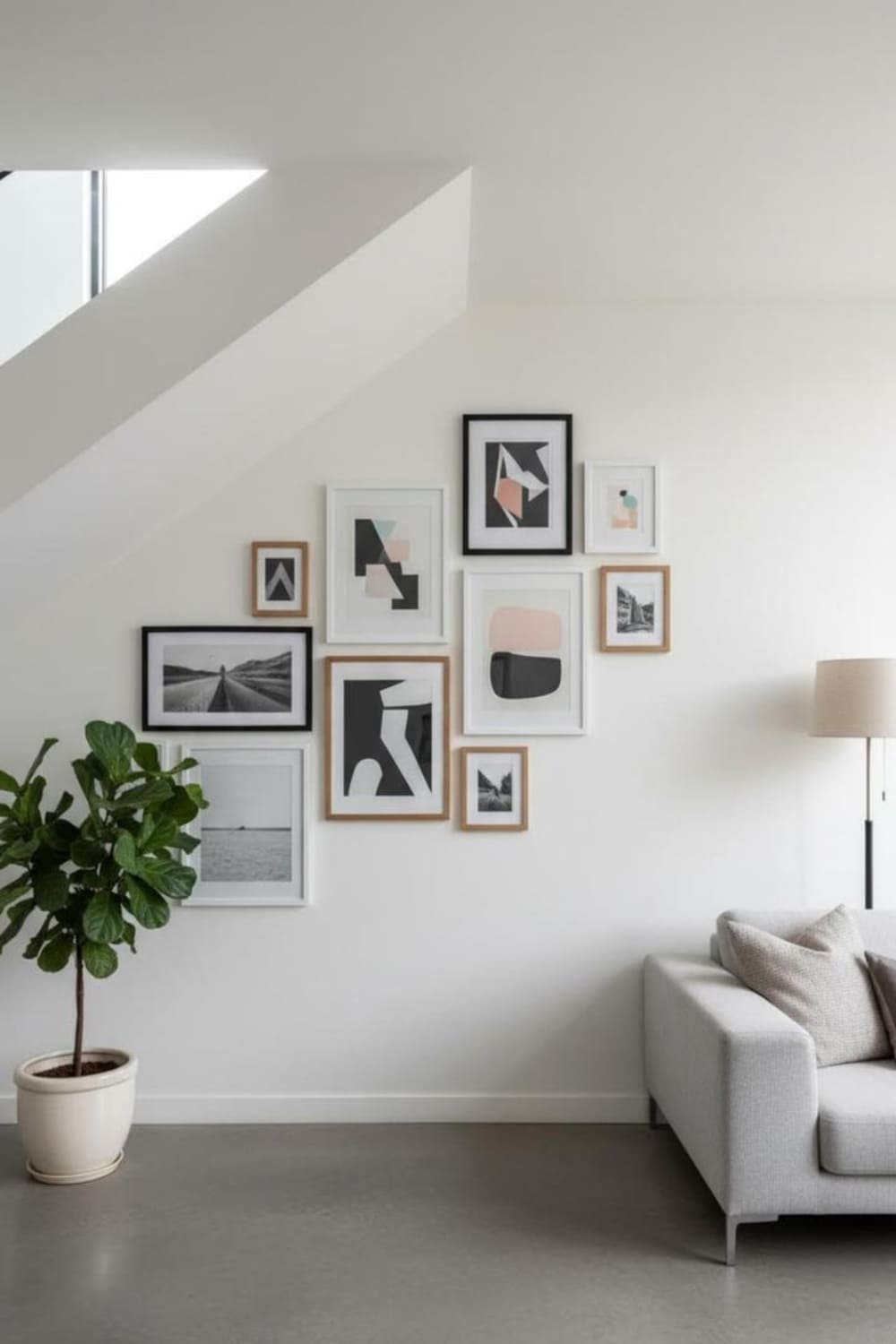 Gallery wall of mixed-size frames arranged along the angled under-stairs wall.
