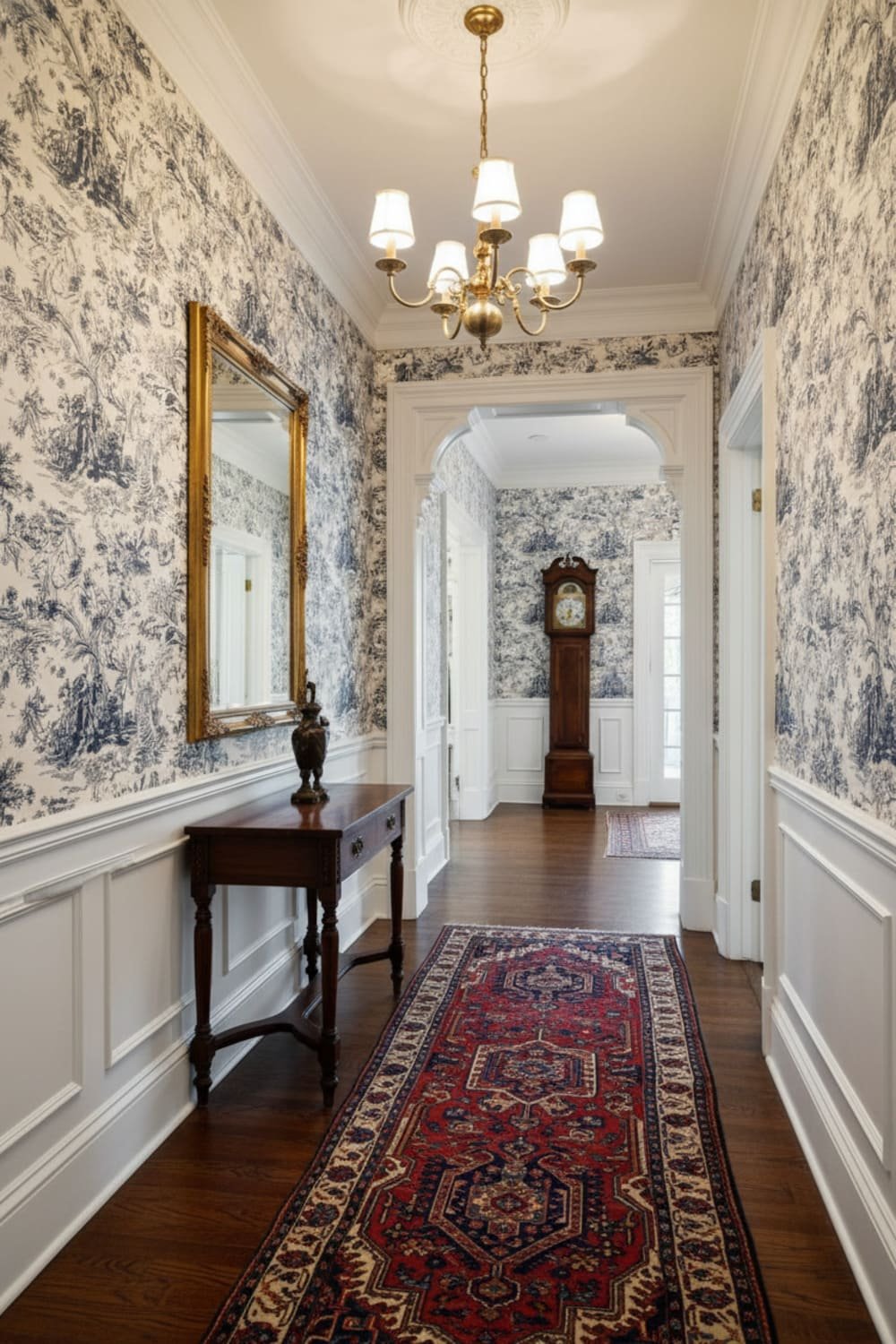 Victorian hallway with toile wallpaper matching traditional architecture.