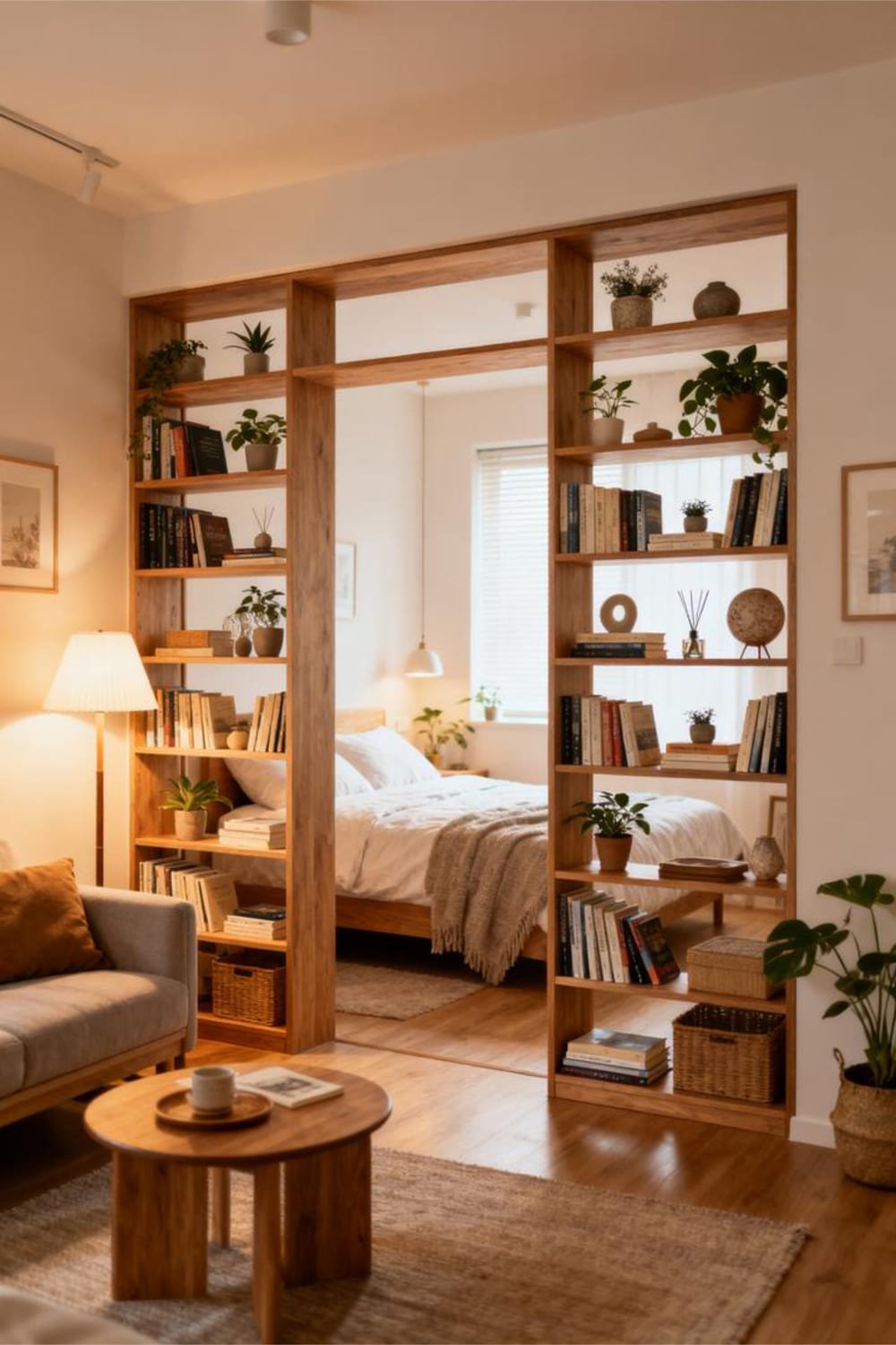 Tall open-back bookshelf dividing a small apartment into separate living and sleeping areas.