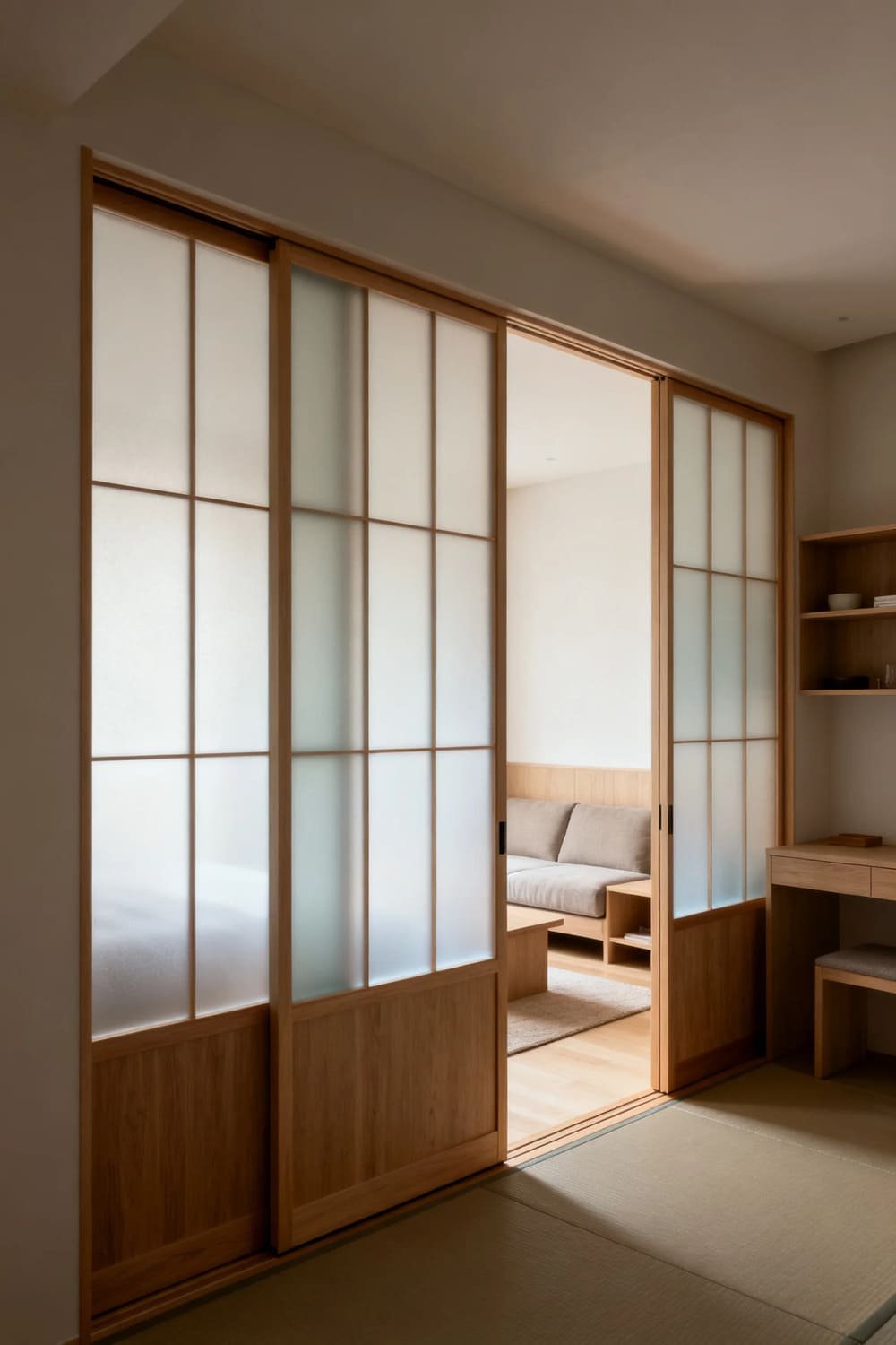 Small apartment divided by frosted glass sliding panels with wooden frames separating the bedroom and living room.